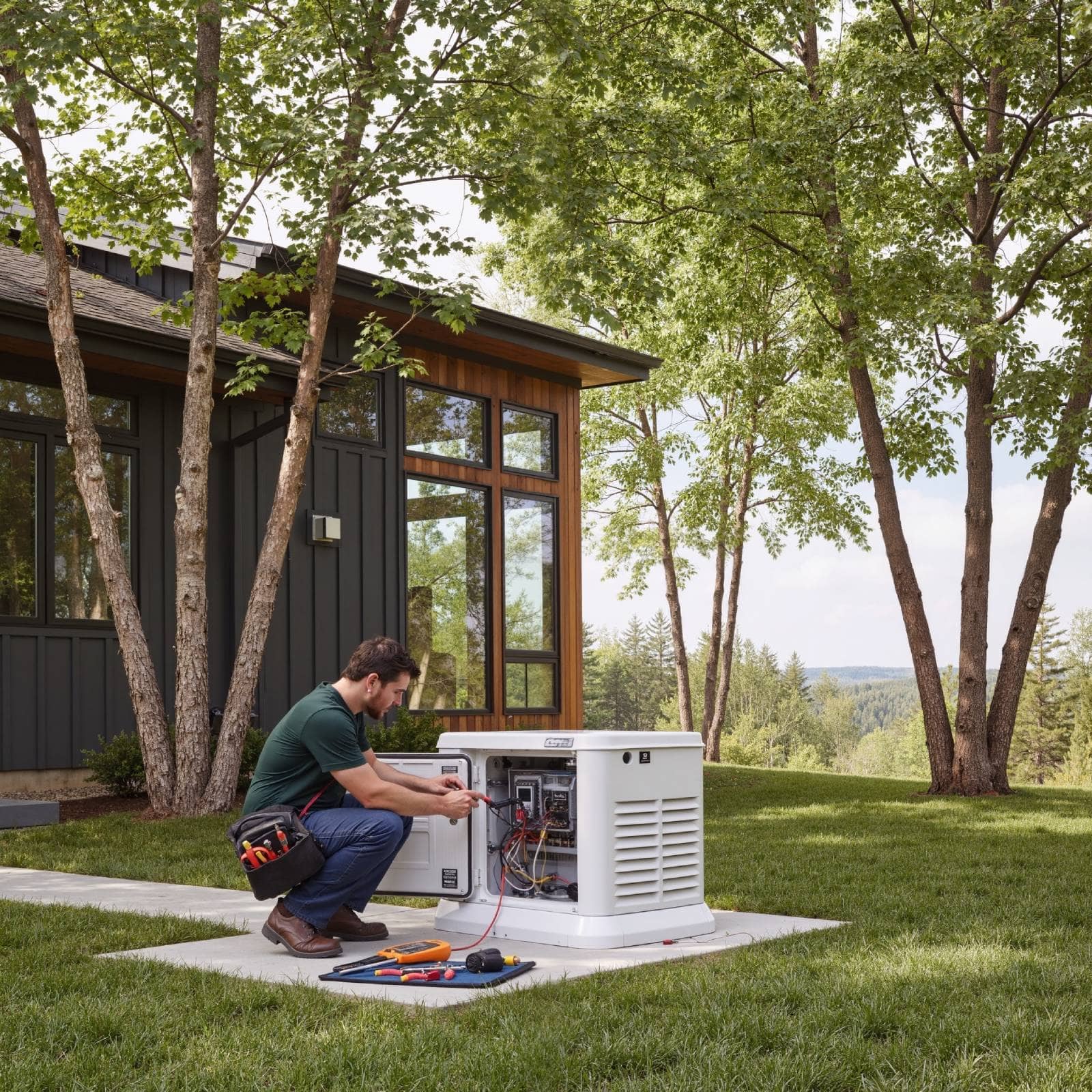 Électricien certifié de Volt Québec installe une génératrice résidentielle blanche à côté d'une maison moderne.