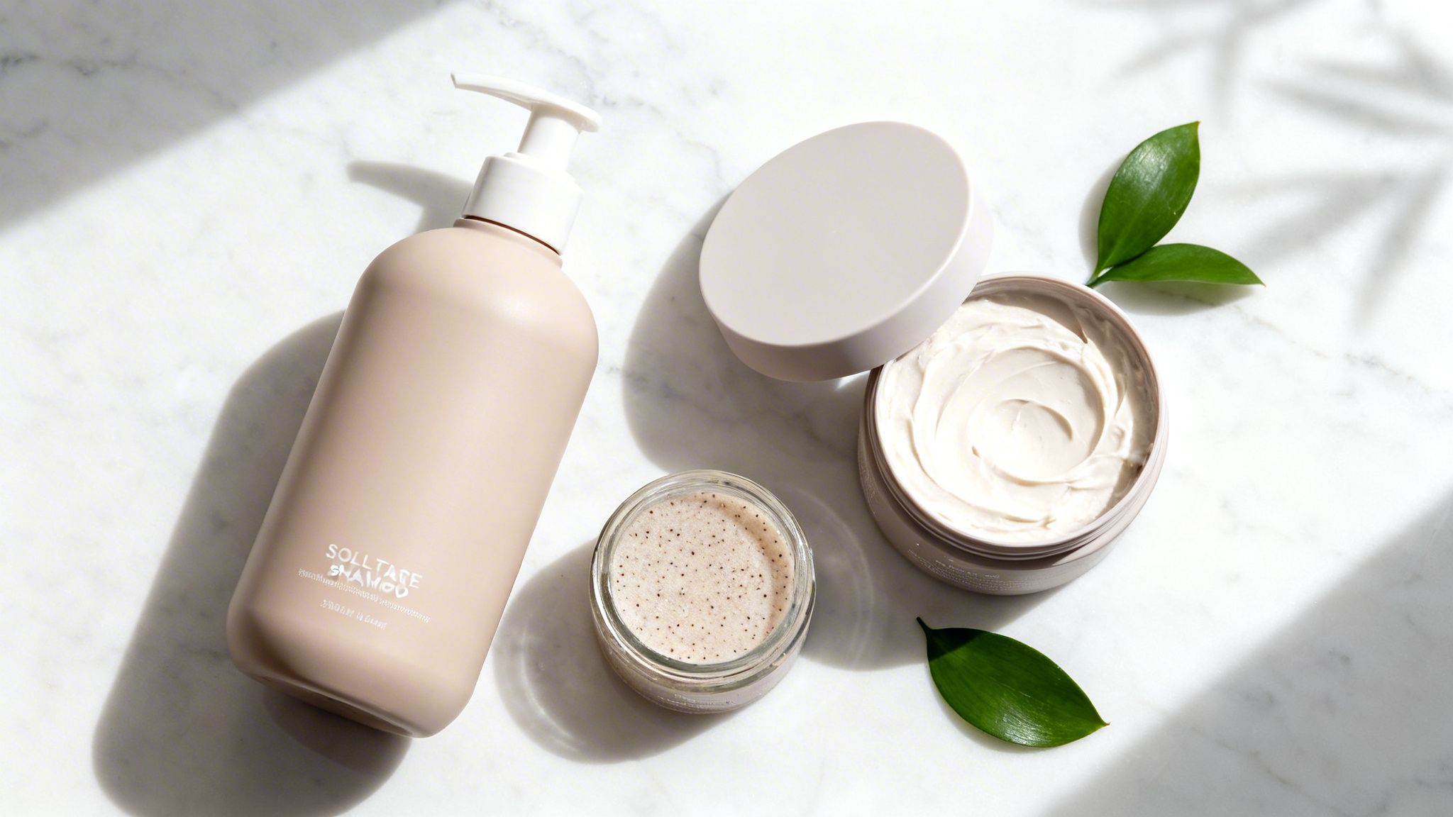 Natural hair care products, including shampoo, conditioner, and scrub, on a white marble surface with green leaves.