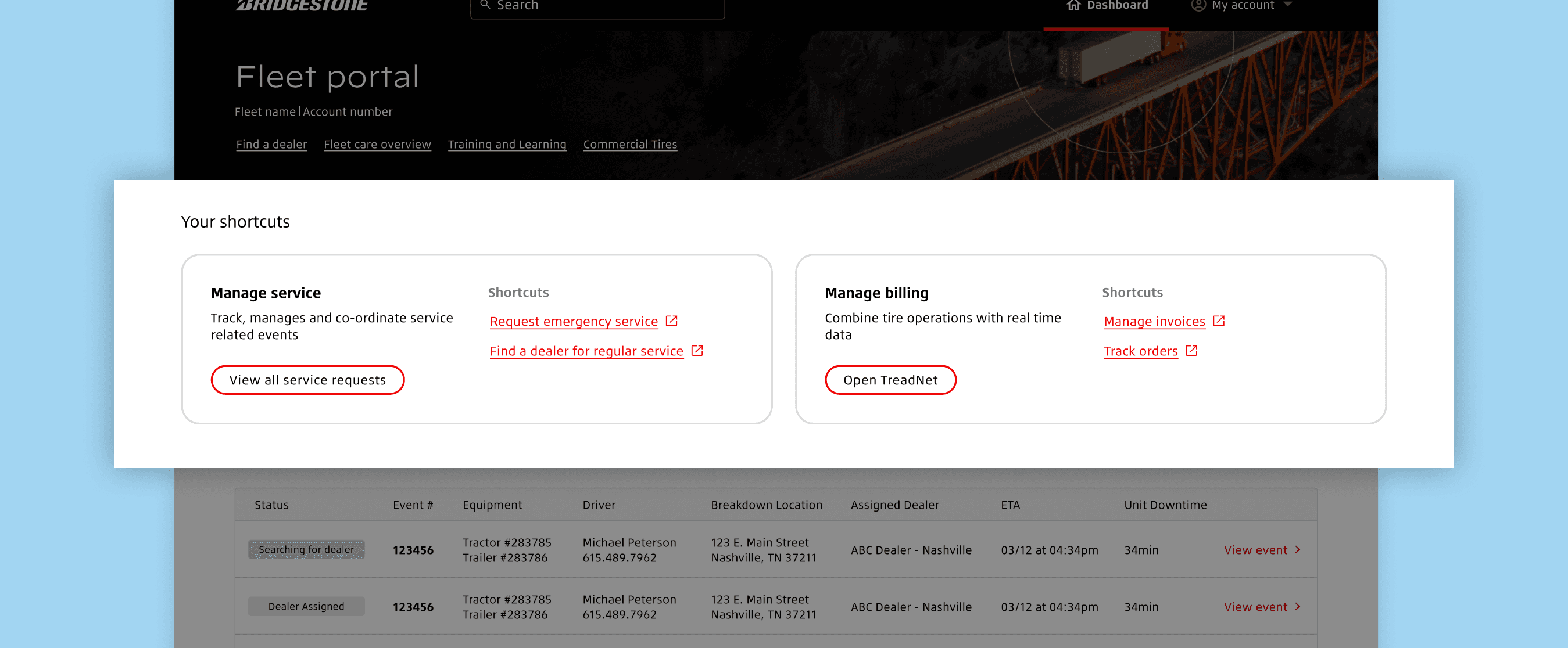 Highlighted view of Fleet Portal shortcuts section showing ‘Manage service’ and ‘Manage billing’ cards with quick links