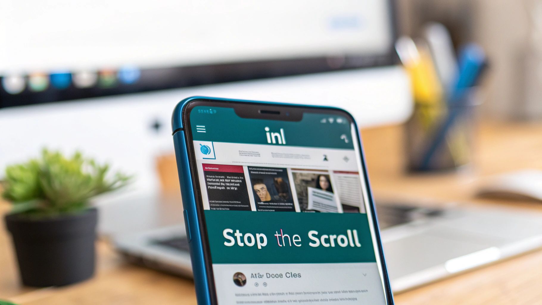 A blue smartphone displaying a webpage with 'inl' logo and 'Stop the Scroll' text on a desk.