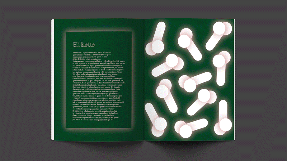 The image shows an open book with a dark green cover. On the right page, there is a cluster of glowing white circles of varying sizes, arranged somewhat randomly. The left page contains text in a light gray or silver color. The background behind the book is a dark gray gradient.