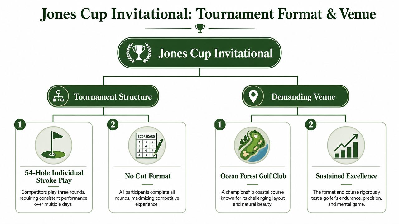 An infographic detailing the tournament structure and challenging venue of the annual Jones Cup Invitational golf event.