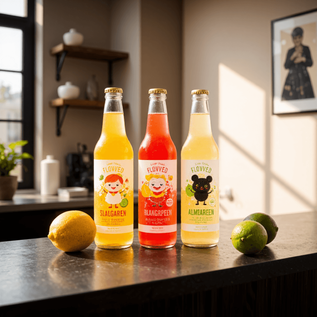 product photography of a set of flavored soft drink bottles