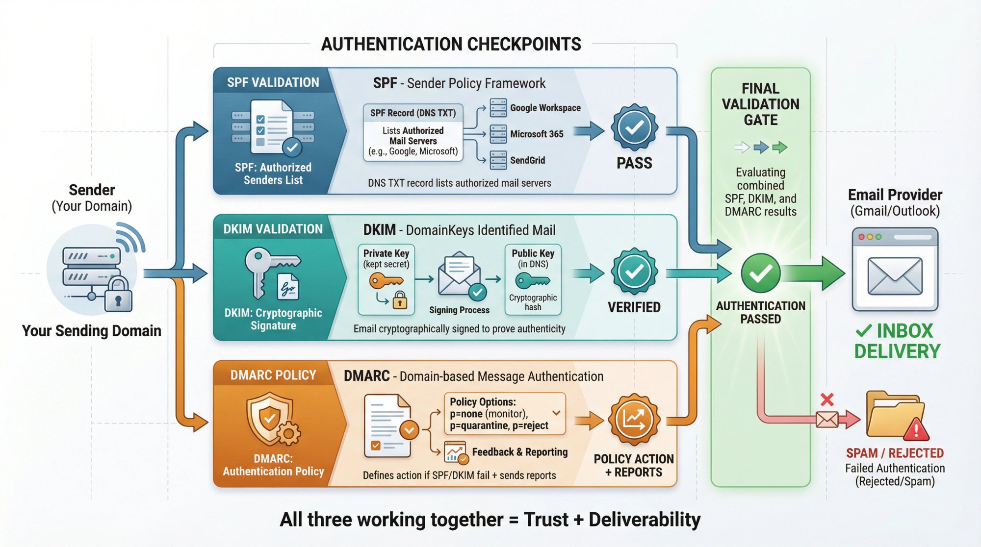 Email authentication flow diagram showing SPF, DKIM, and DMARC validation checkpoints from sender to recipient