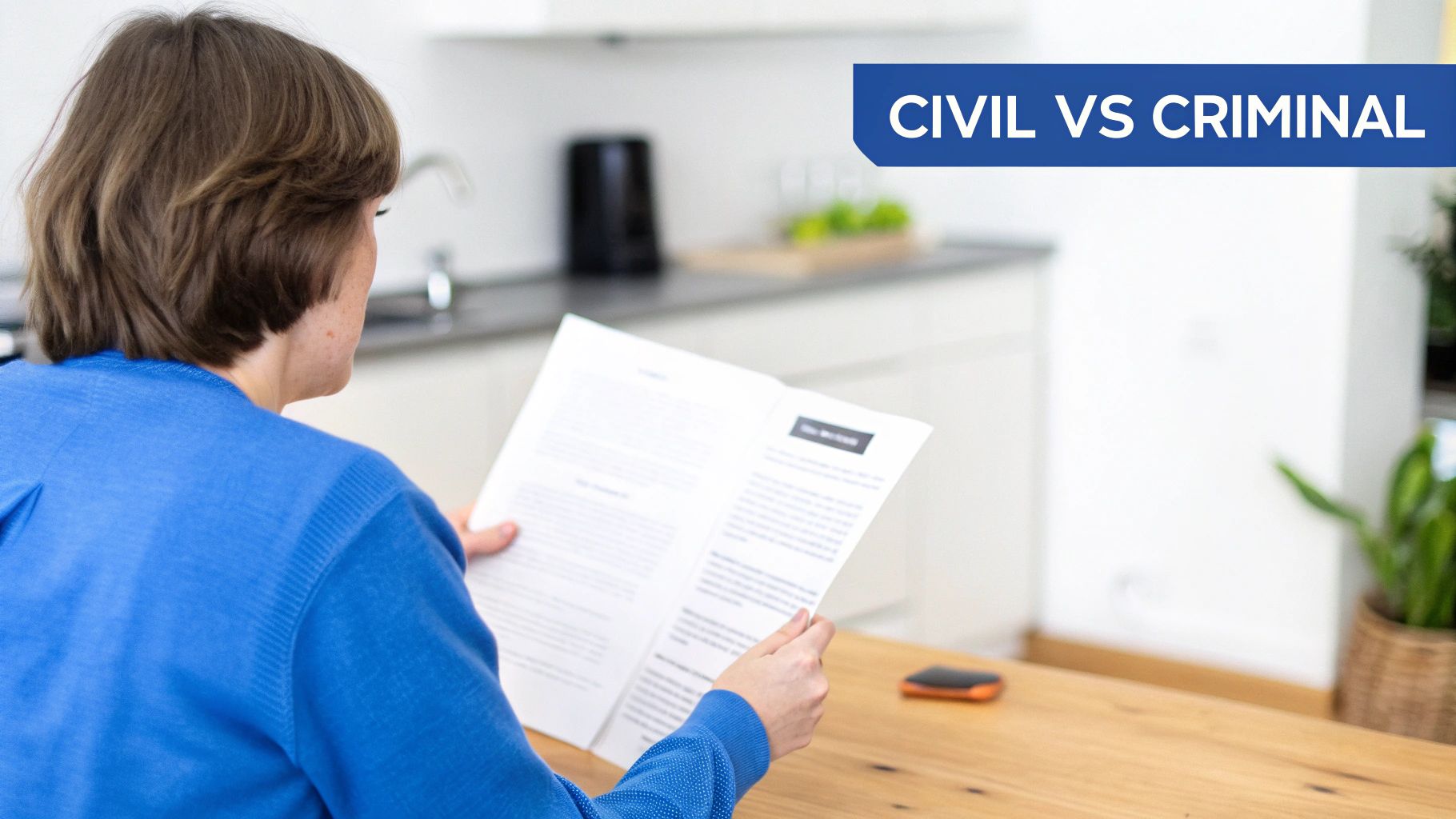 A person in a blue sweater reads a document at a wooden table, with 'CIVIL VS CRIMINAL' text.