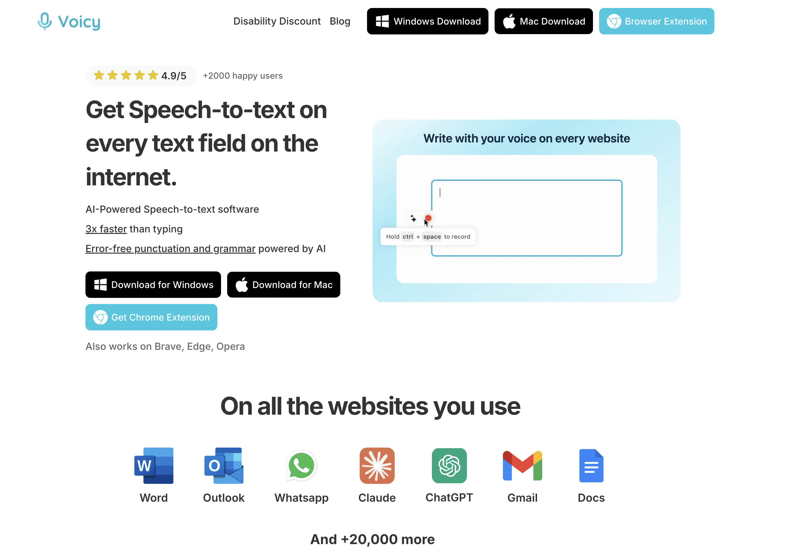 Voicy Speech to Text homepage screenshot