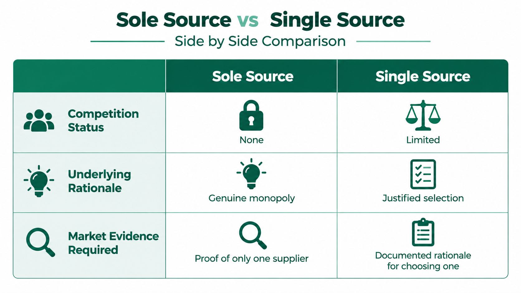 A comparison chart outlining the differences between sole source and single source procurement strategies in business.