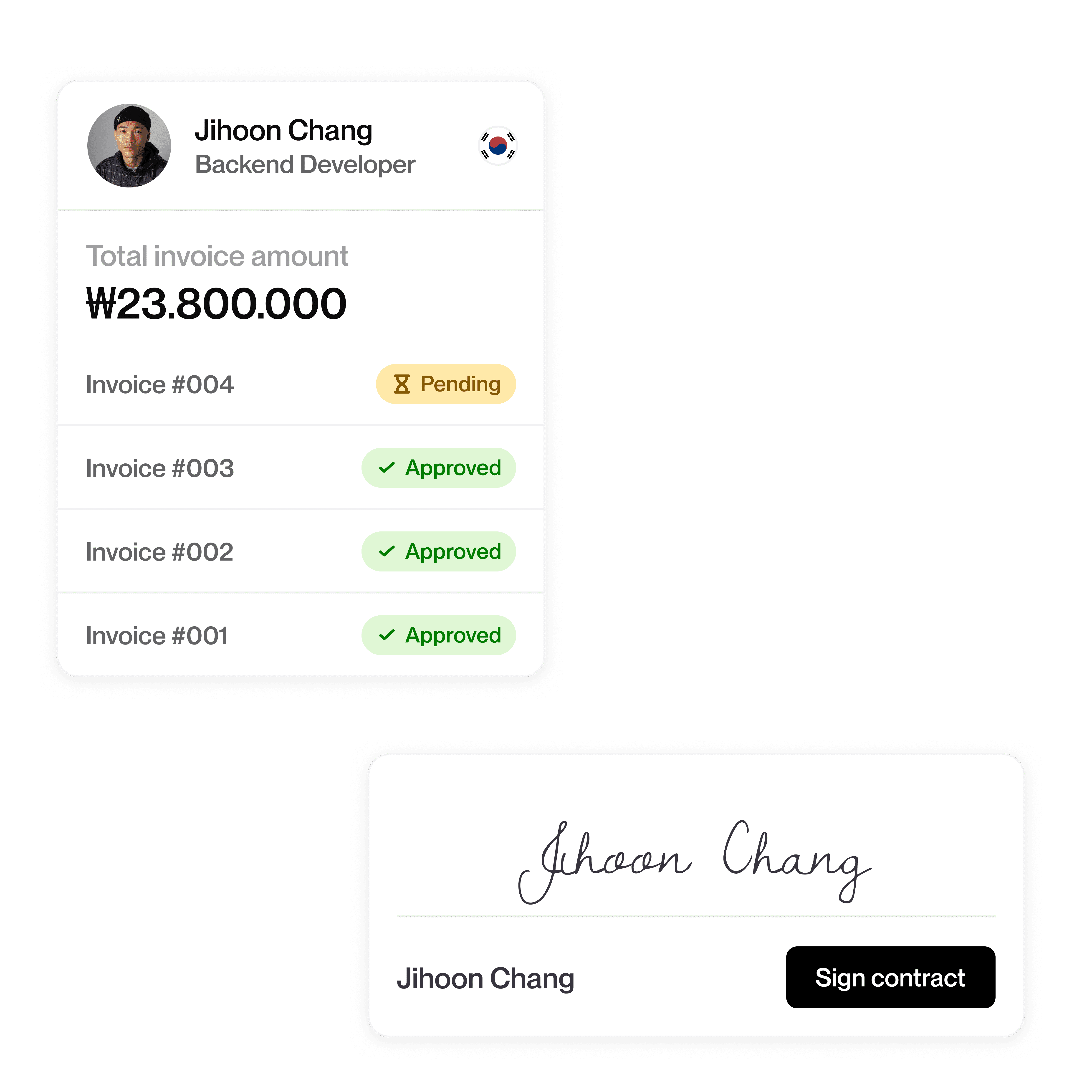 Invoice dashboard for Talent showing total amount with approved and pending invoices, plus digital contract signature box with sign button.
