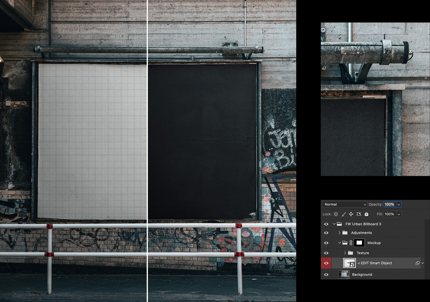 Urban billboard mockup Photoshop smart object layer for easy poster design editing