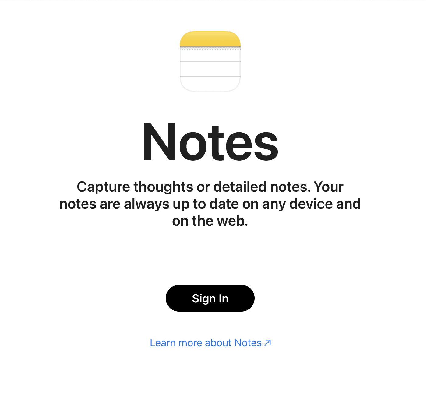 screenshot of Apple Notes homepage 