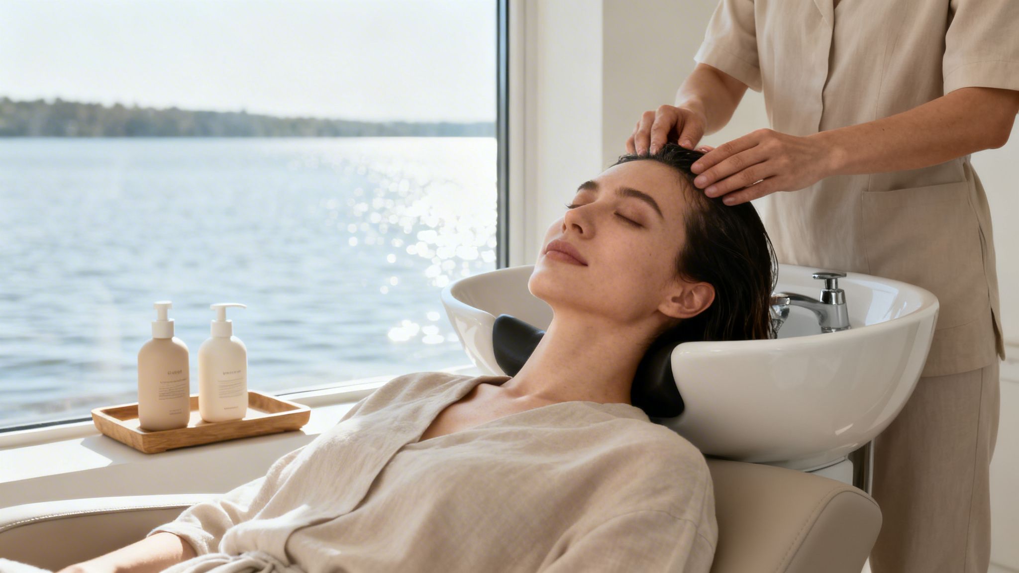 Woman relaxing during a hair wash and scalp massage at a salon with a scenic lake view.
