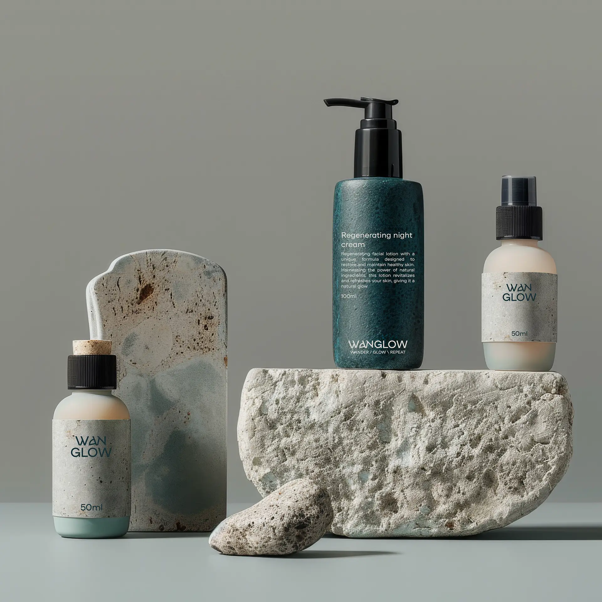 Packaging design for Wanglow men's skincare brand showing branded product bottles with natural ingredient positioning