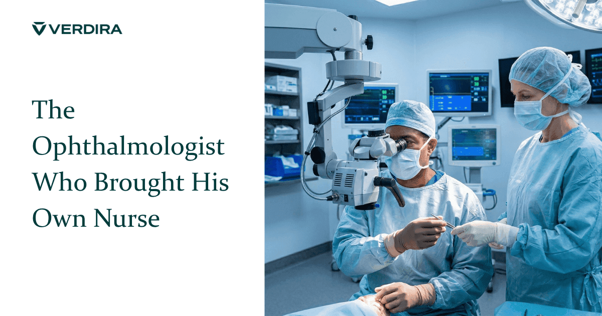 Ophthalmologist and experienced OR nurse working in synchronized coordination during eye surgery