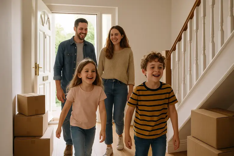 happy couple carrying moving boxes