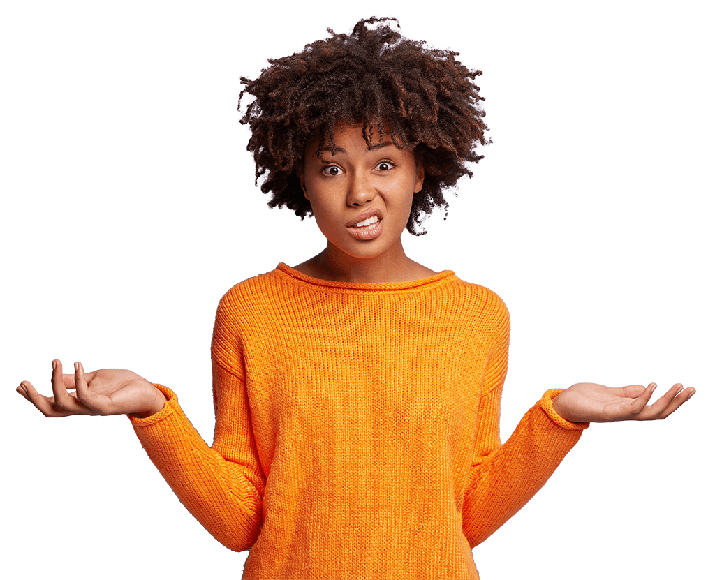 woman with curly hair with hands out representing "how"?