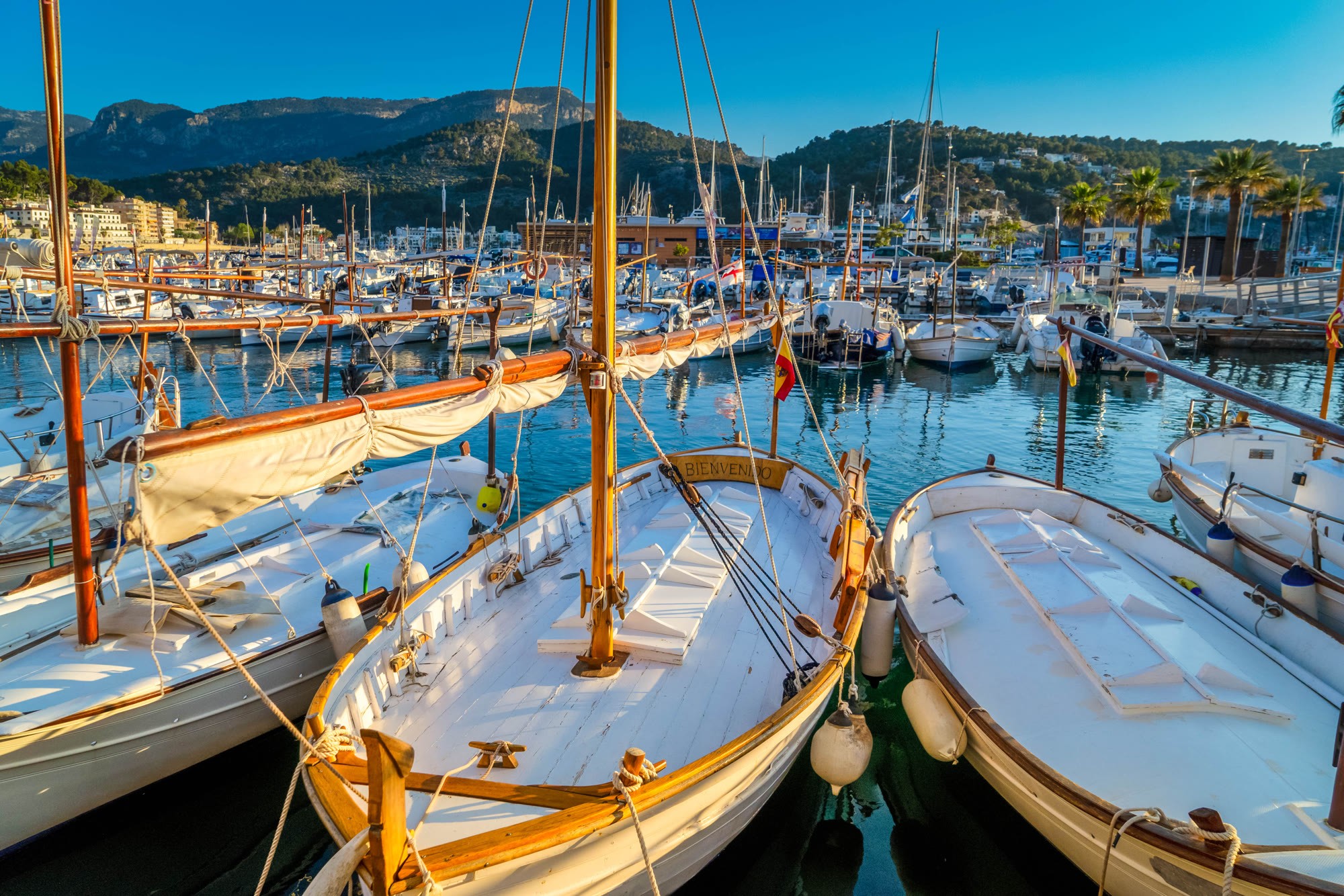 Barcas de vela latina amarradas en el Puerto de Sóller