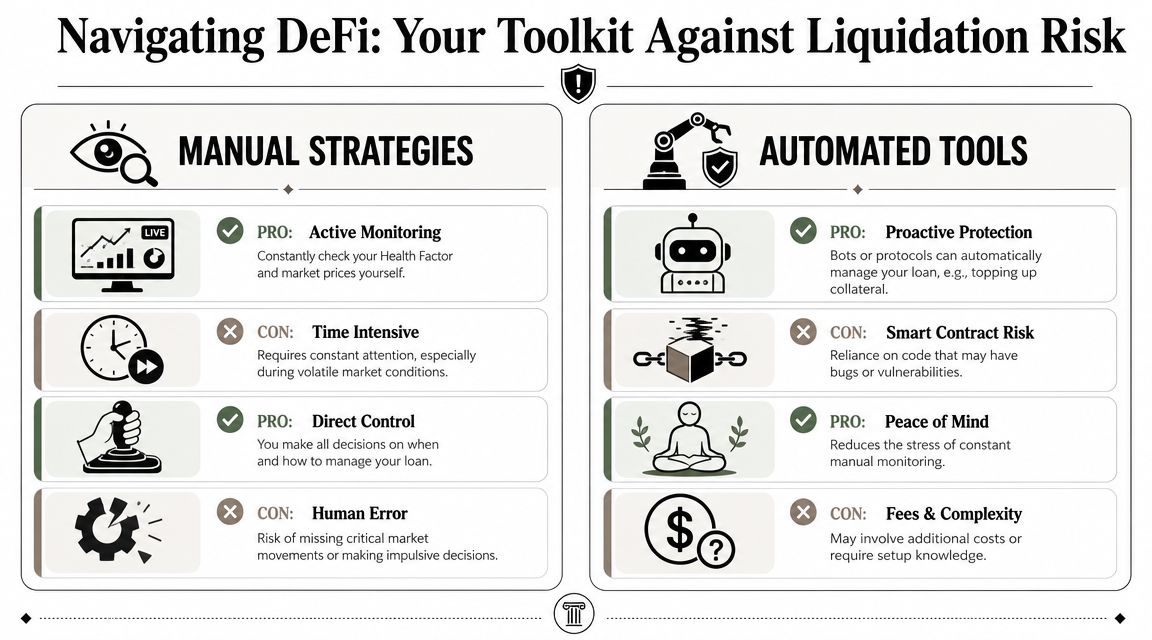 A comparison chart outlining the pros and cons of manual strategies versus automated tools for DeFi liquidation risk management.