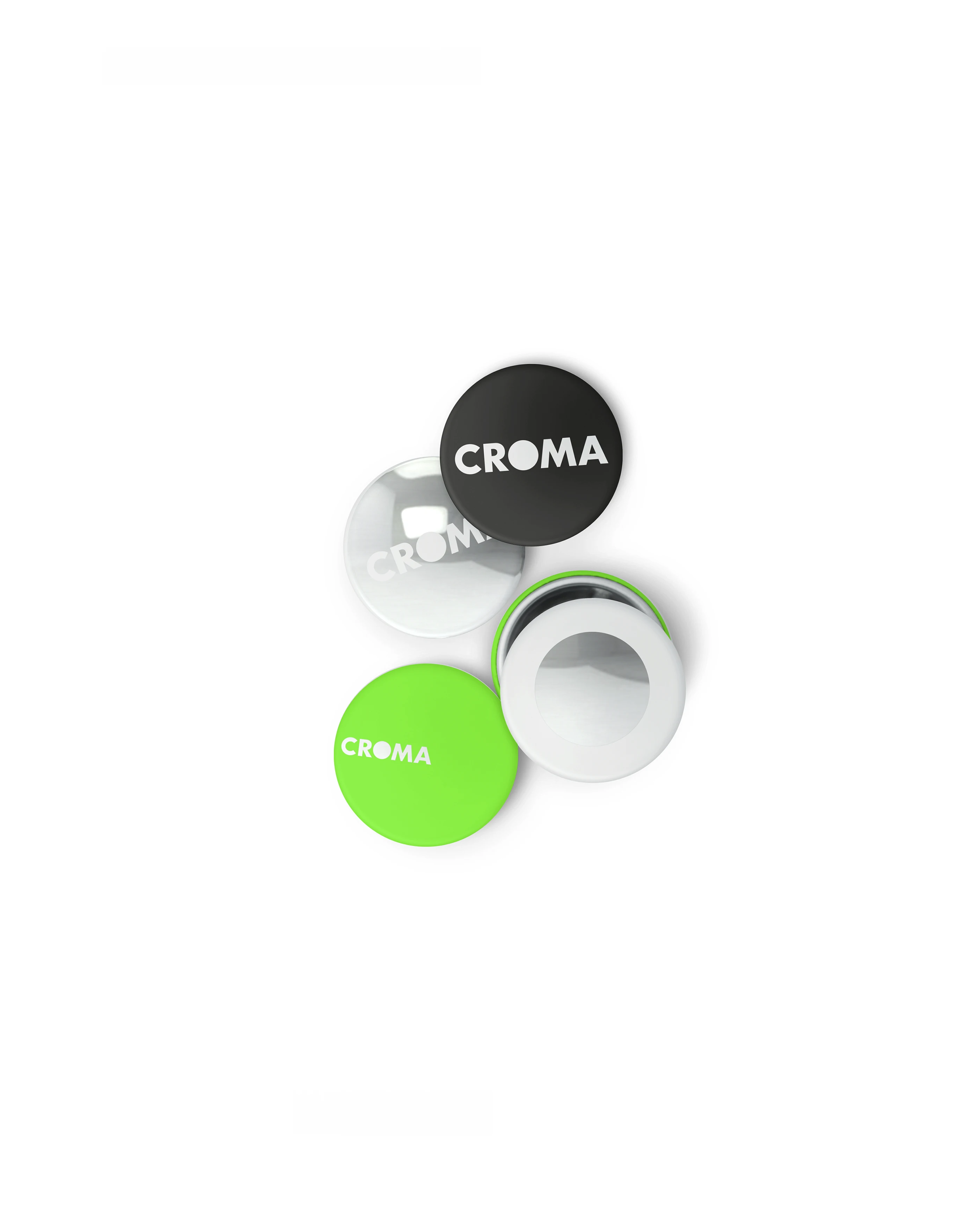 Croma round badges in black, grey and green, brand identity design by Sebastian Saavedra