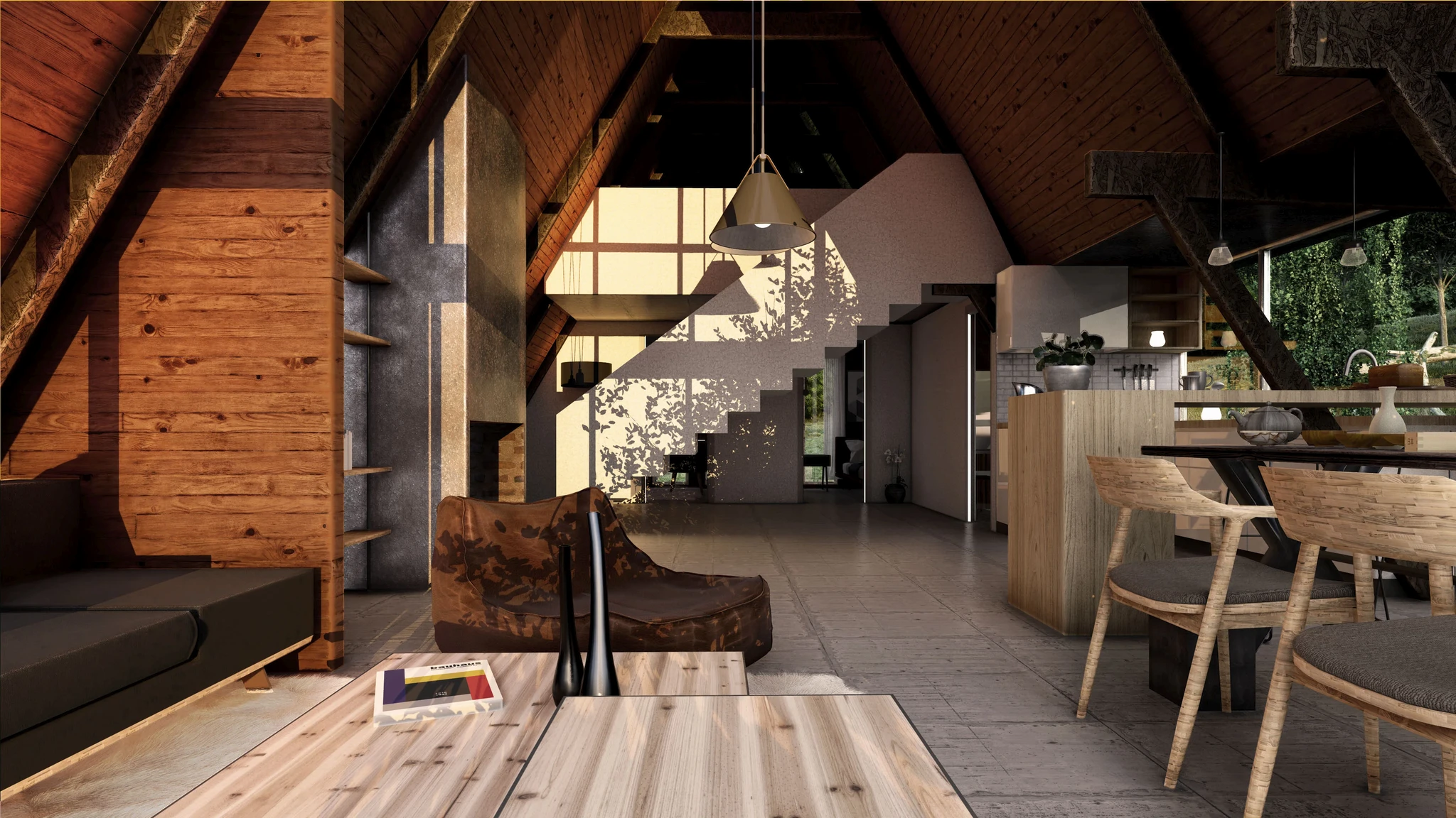 A contemporary living room with wooden walls and ceiling, creating a warm and natural ambiance.