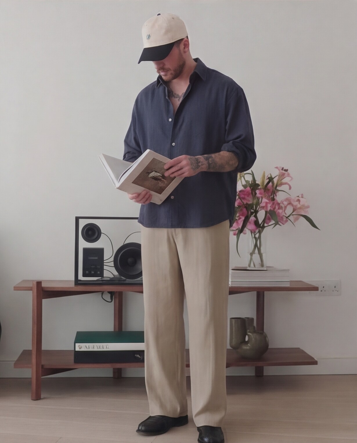 Navy Overshirt with Beige Relaxed Trousers