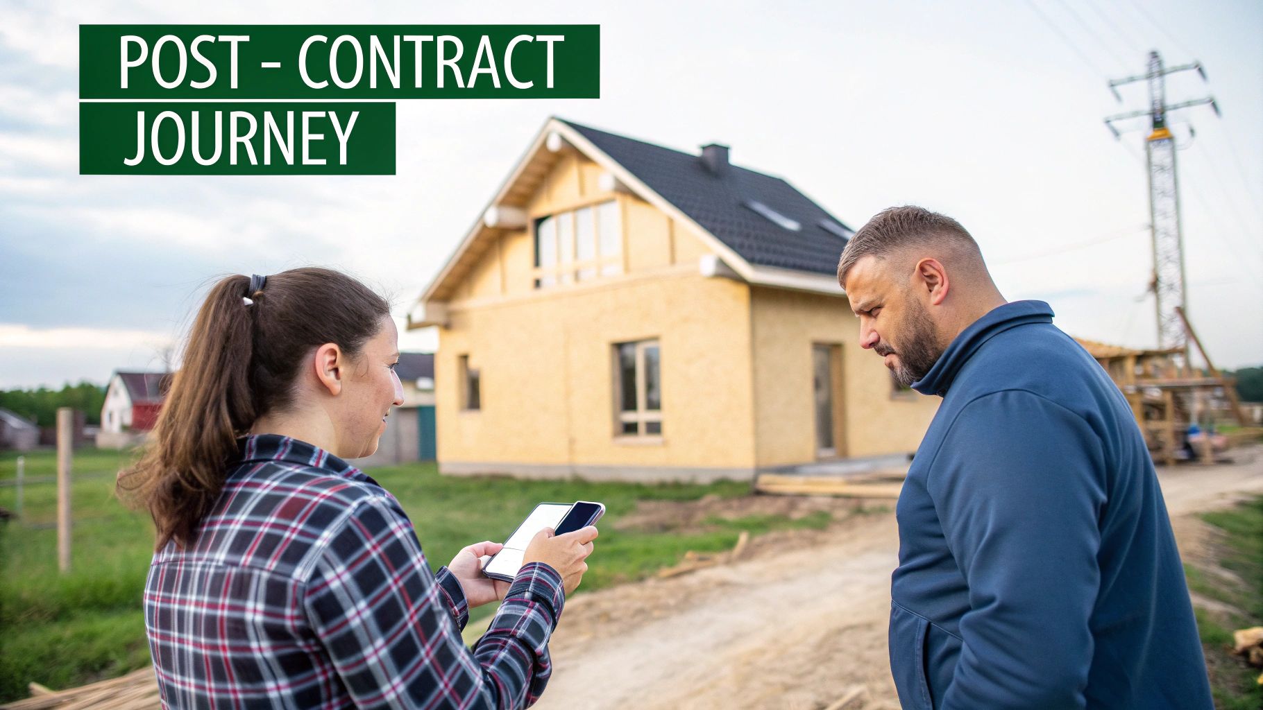Two people, a woman with a tablet and a man, discussing a construction project under a cloudy sky.