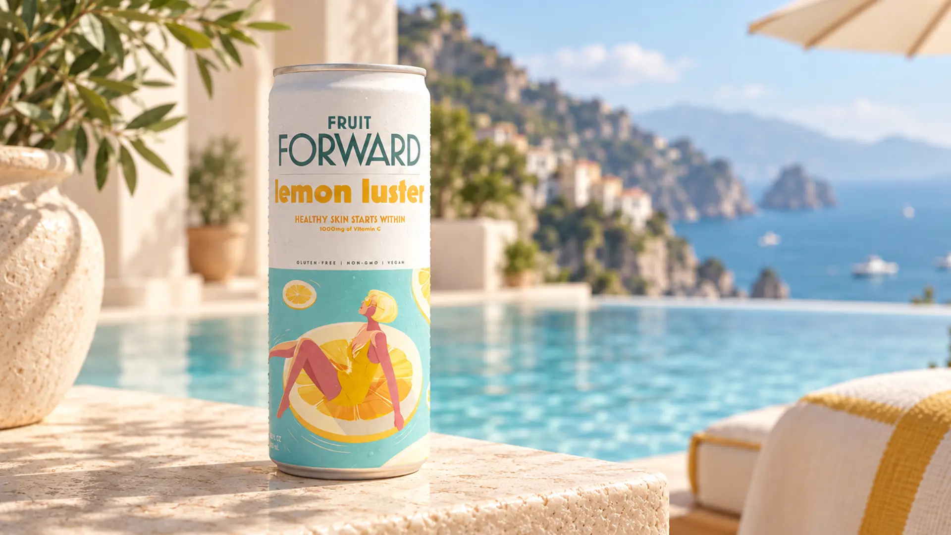 Fruit Forward Lemon Luster can photographed beside a Mediterranean-style pool overlooking a sunny coastal landscape.