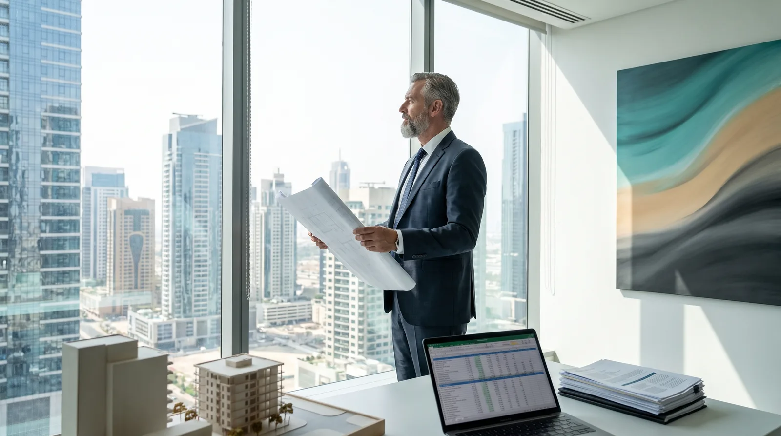 German founder setting up a Dubai business entity at a modern office with the skyline behind