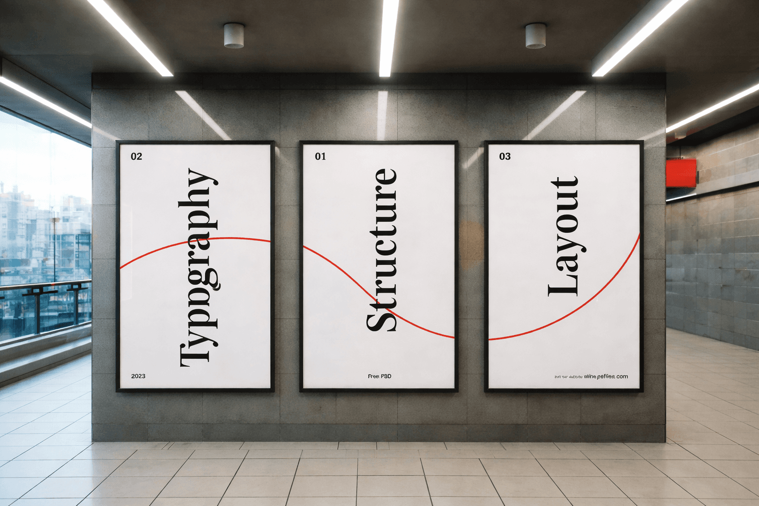 Three posters displayed on a white wall, showcasing various designs and colors.