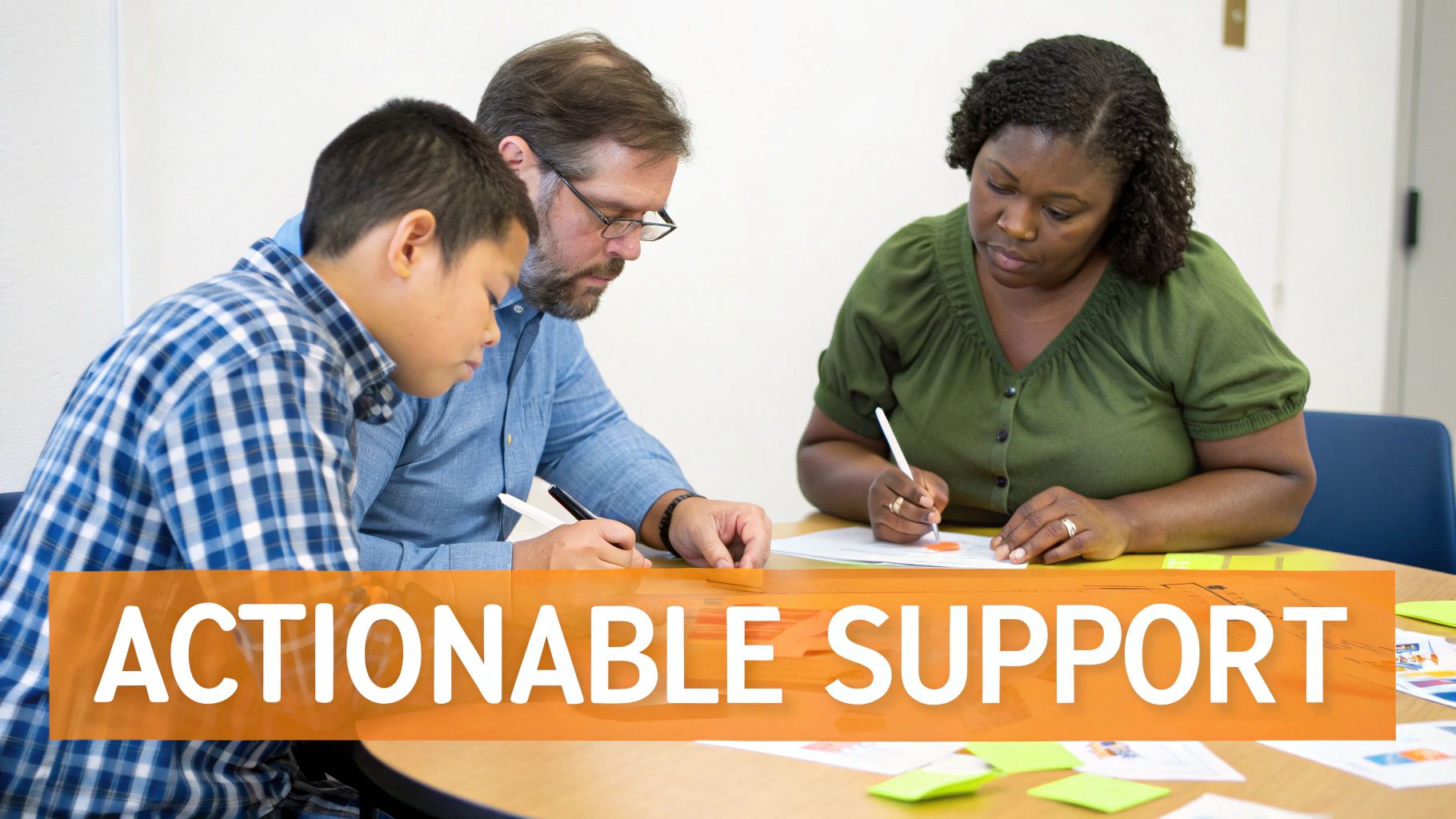 Three people, two adults and one young person, writing at a table with pens and paper.