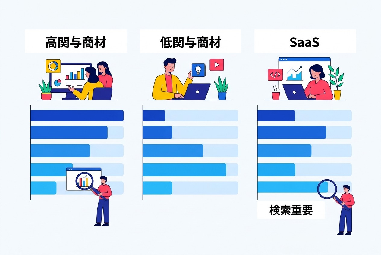 商材タイプ別のAISAS各段階の重要度。高関与商材は検索段階、低関与商材は注意・興味段階、SaaSは共有段階が特に重要になる傾向がある。