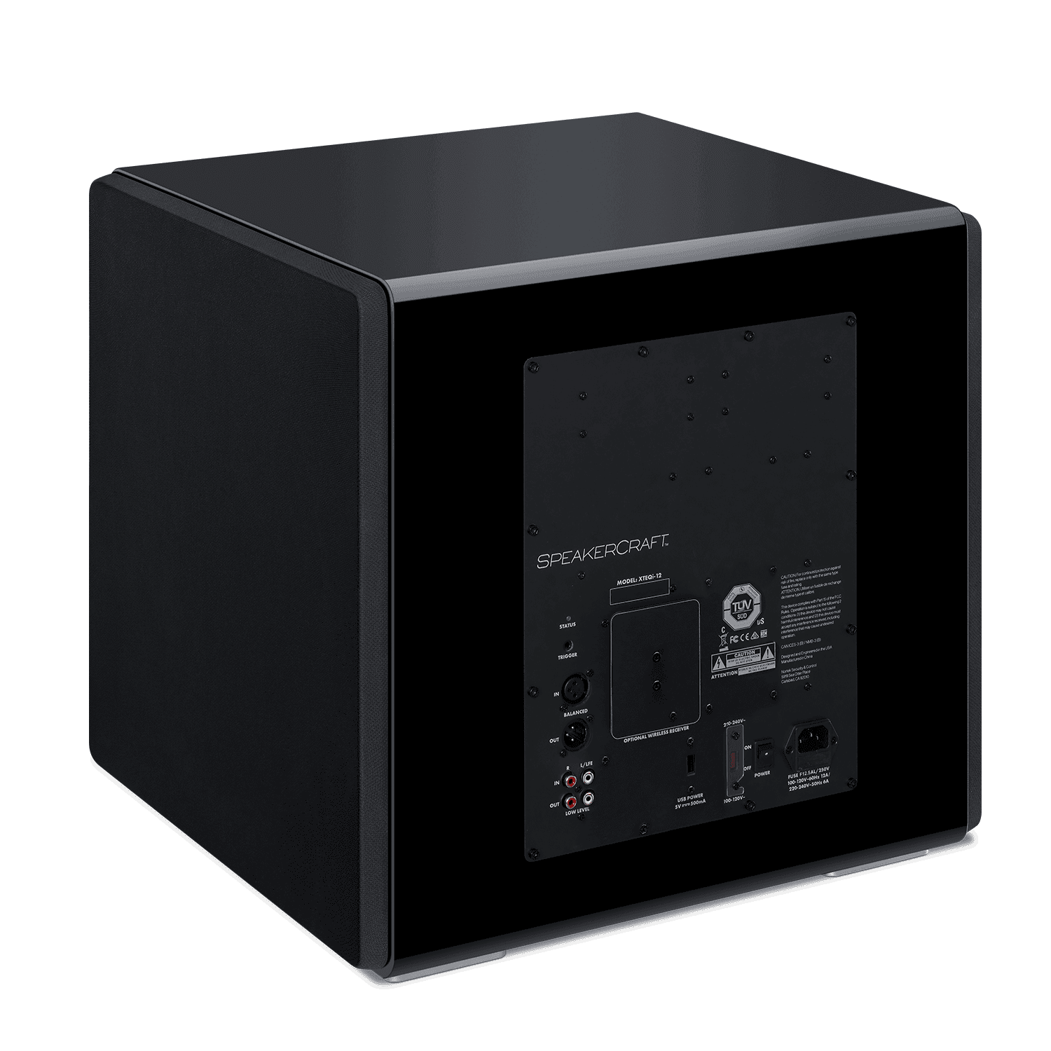 Black subwoofer with rear panel connections