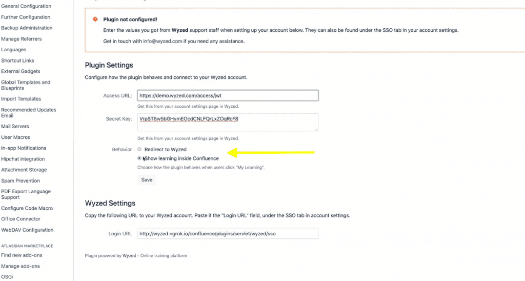 Select how your users will view the Wyzed LMS inside Confluence