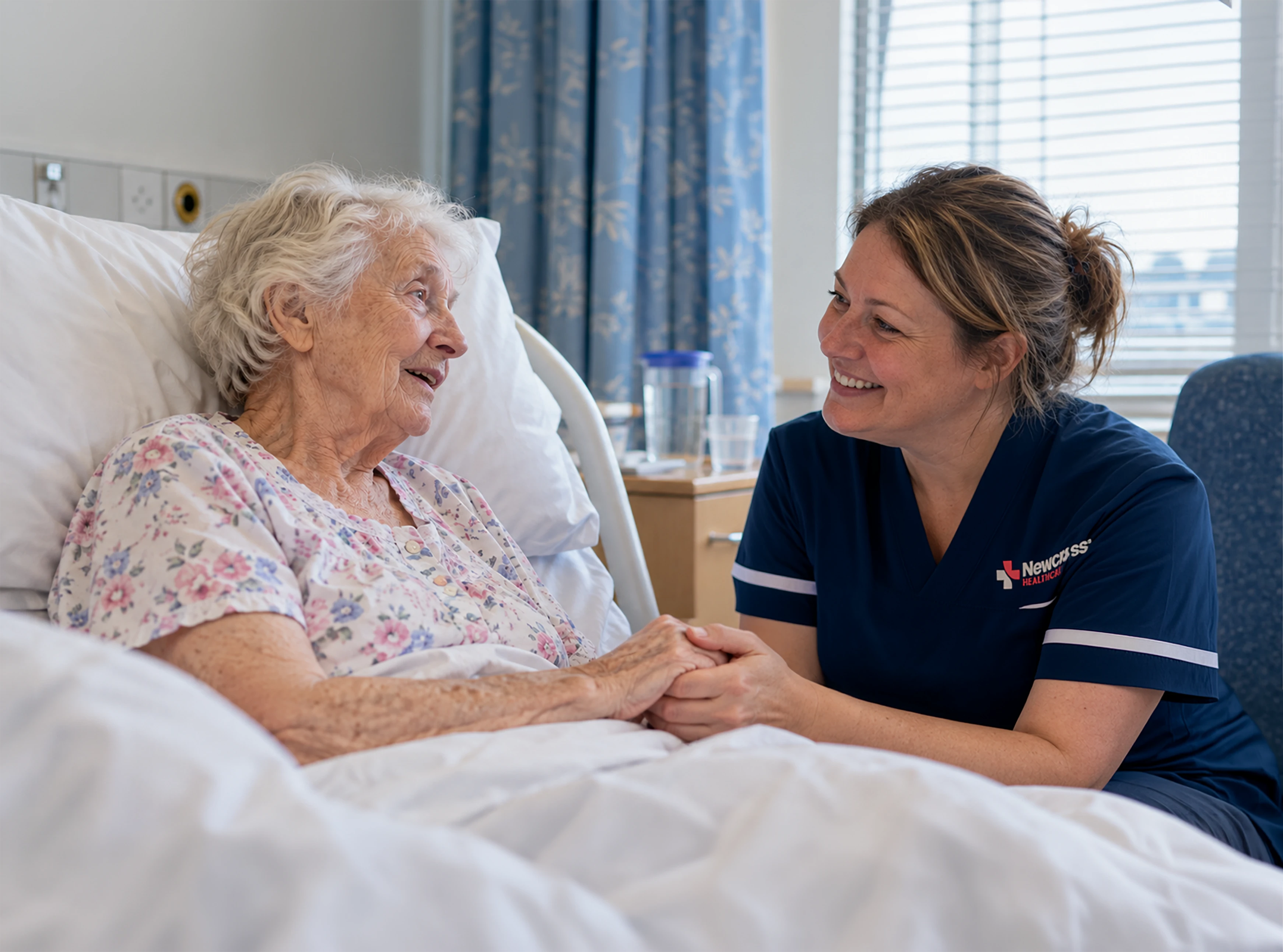 Elderly woman in a hospital bed smiling warmly with a nurse in blue scrubs who is seated beside her and gently holding her hand.