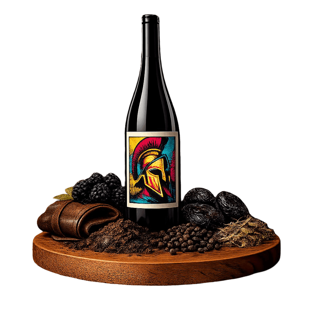 Artistic label and flavor profile for Greek Mandilaria on a rustic wooden table.