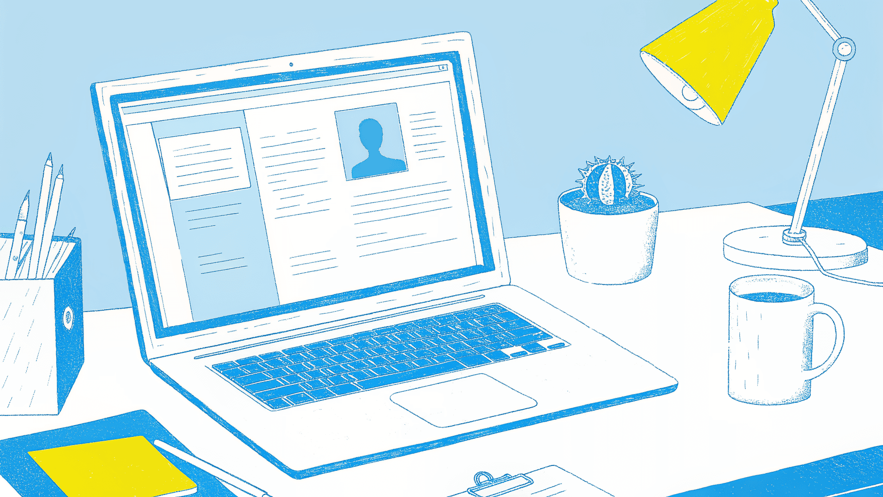 Desk with laptop filing portal, rubber stamp, and caution flag signaling a fictitious business name requirement