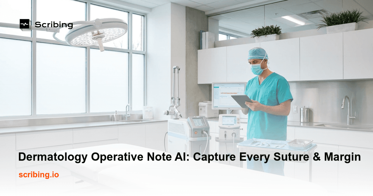 Dermatologist surgeon using AI-powered operative note software to document excision margins and sutures during a skin surgery procedure