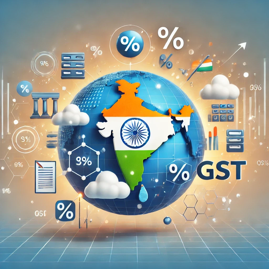 Illustration of a global SaaS company navigating the Indian GST system. The image features a globe with technology icons such as clouds and servers, symbolizing SaaS, alongside a highlighted map of India. Various tax-related symbols like percentage signs, documents, and arrows represent GST compliance. The overall design uses a clean and tech-focused color palette with shades of blue, white, and light orange, against a sleek gradient background, with no text or national symbols