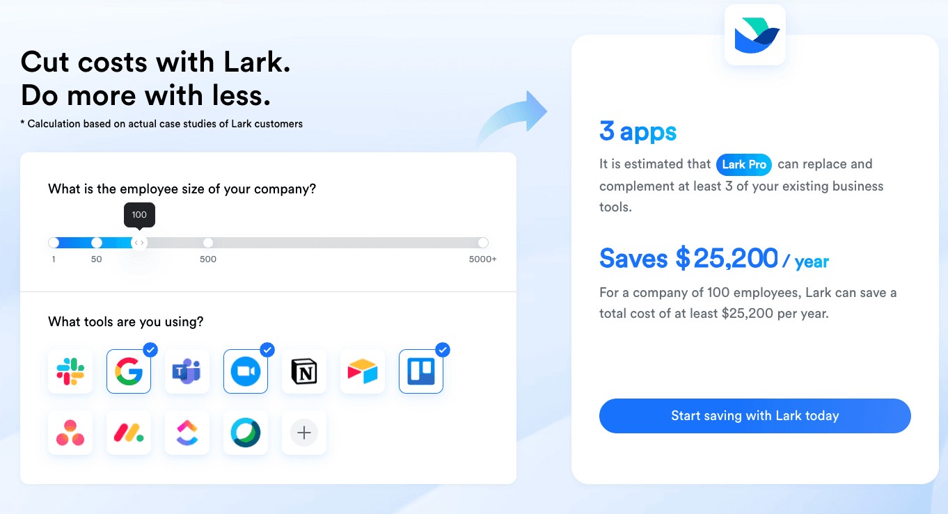 A pricing calculator to check how much money you can save by switching to Lark