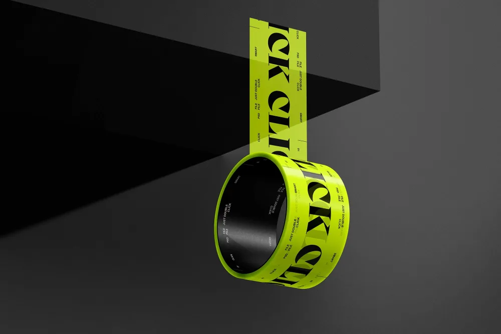 A roll of neon yellow adhesive tape with bold black text, partially unrolled and suspended from a modern black corner. Minimalistic design with sharp lighting and dark gray background.