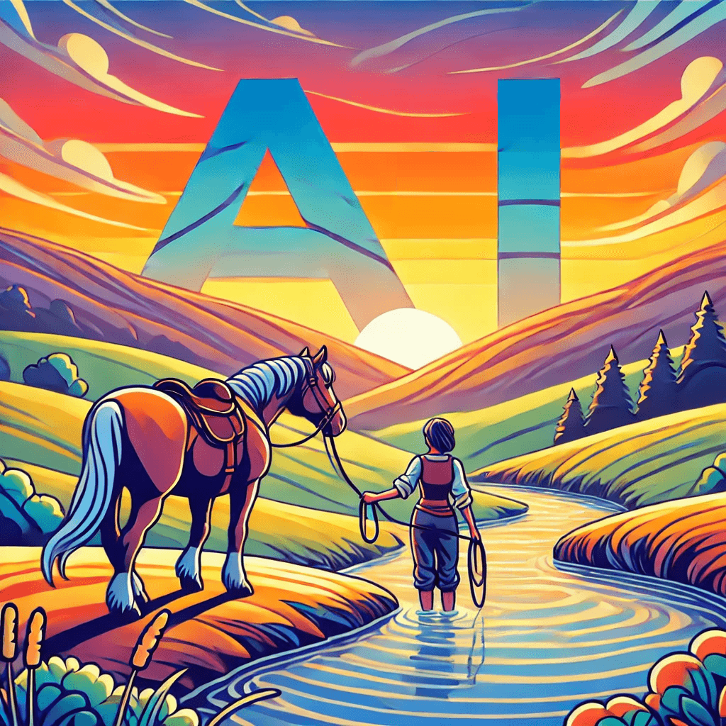 Person leading a horse to water looking at a horizon with a setting sun and the giant word "AI" on the horizon.