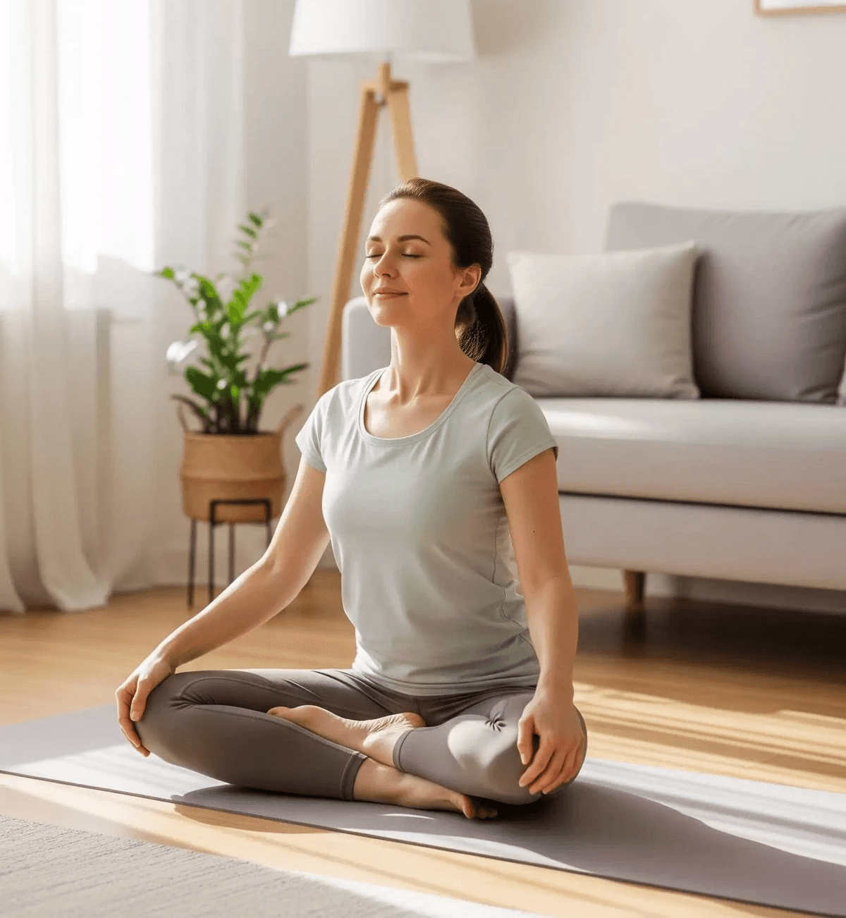 A woman doing Yoga peacefully at home in the sunny morning