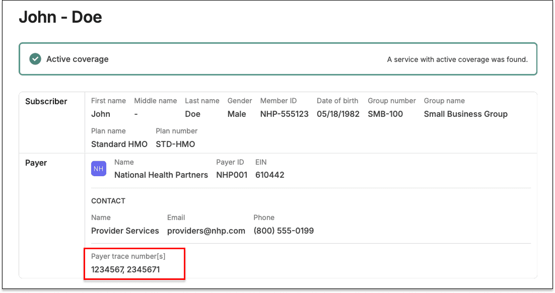 Payer trace numbers in eligibility PDFs