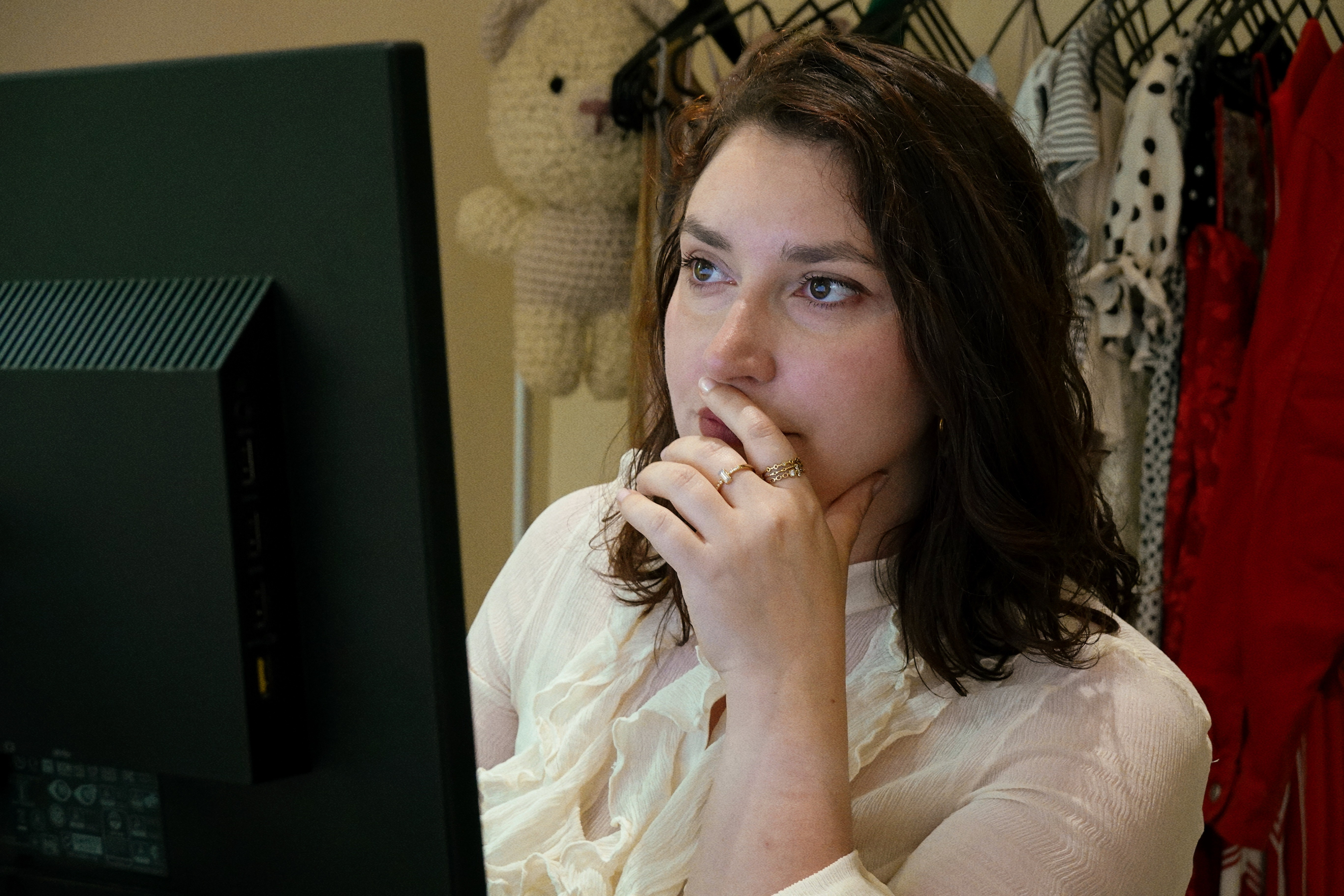 A woman guiding a man