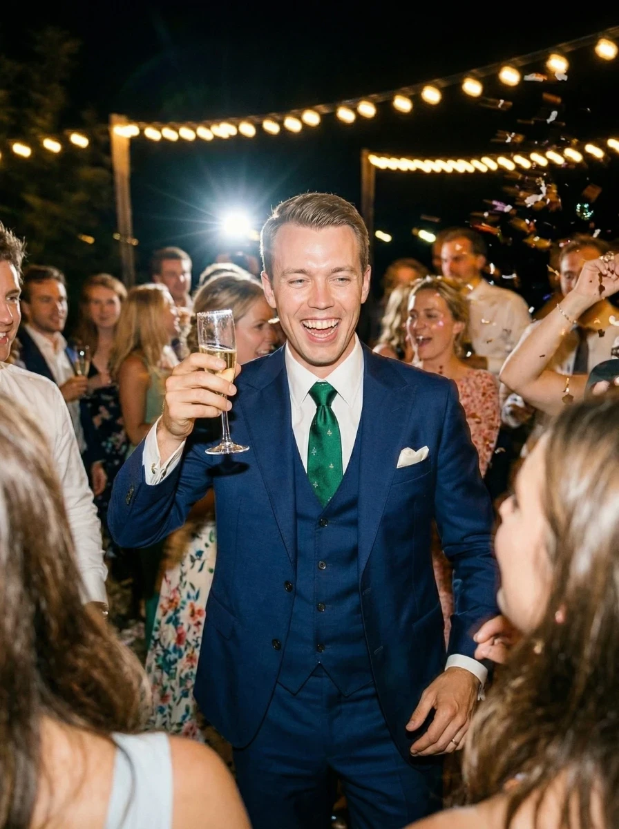 Groom laughing and raising a glass of champagne at the outdoor wedding reception.