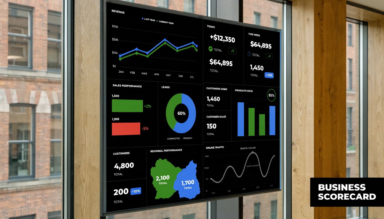 A digital display monitor showing a comprehensive business performance dashboard with various charts, graphs, and metrics.