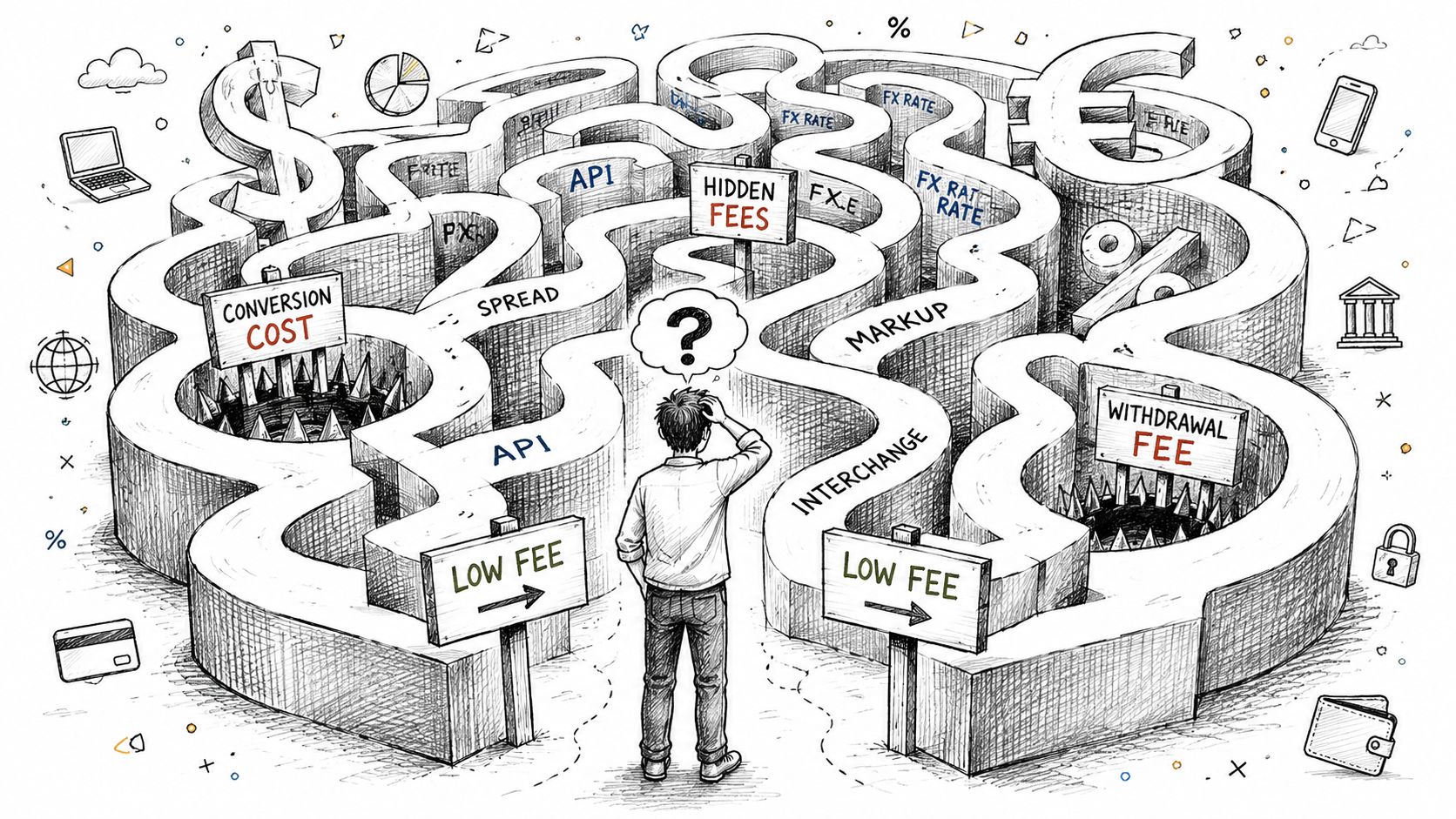 A confused person standing before a complex maze filled with financial fee obstacles and monetary symbols.