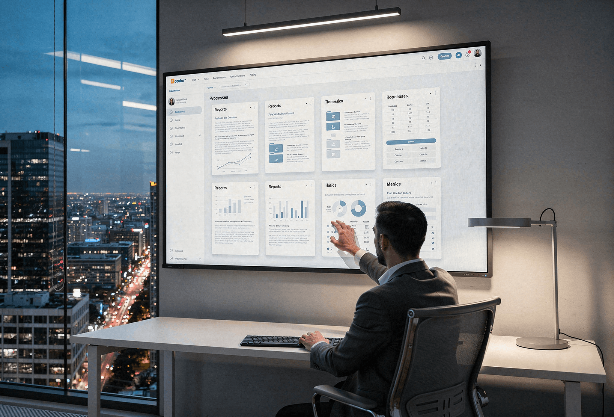 servidor municipal utilizando sistema digital de gestão em computador, representando modernização e eficiência na administração públic