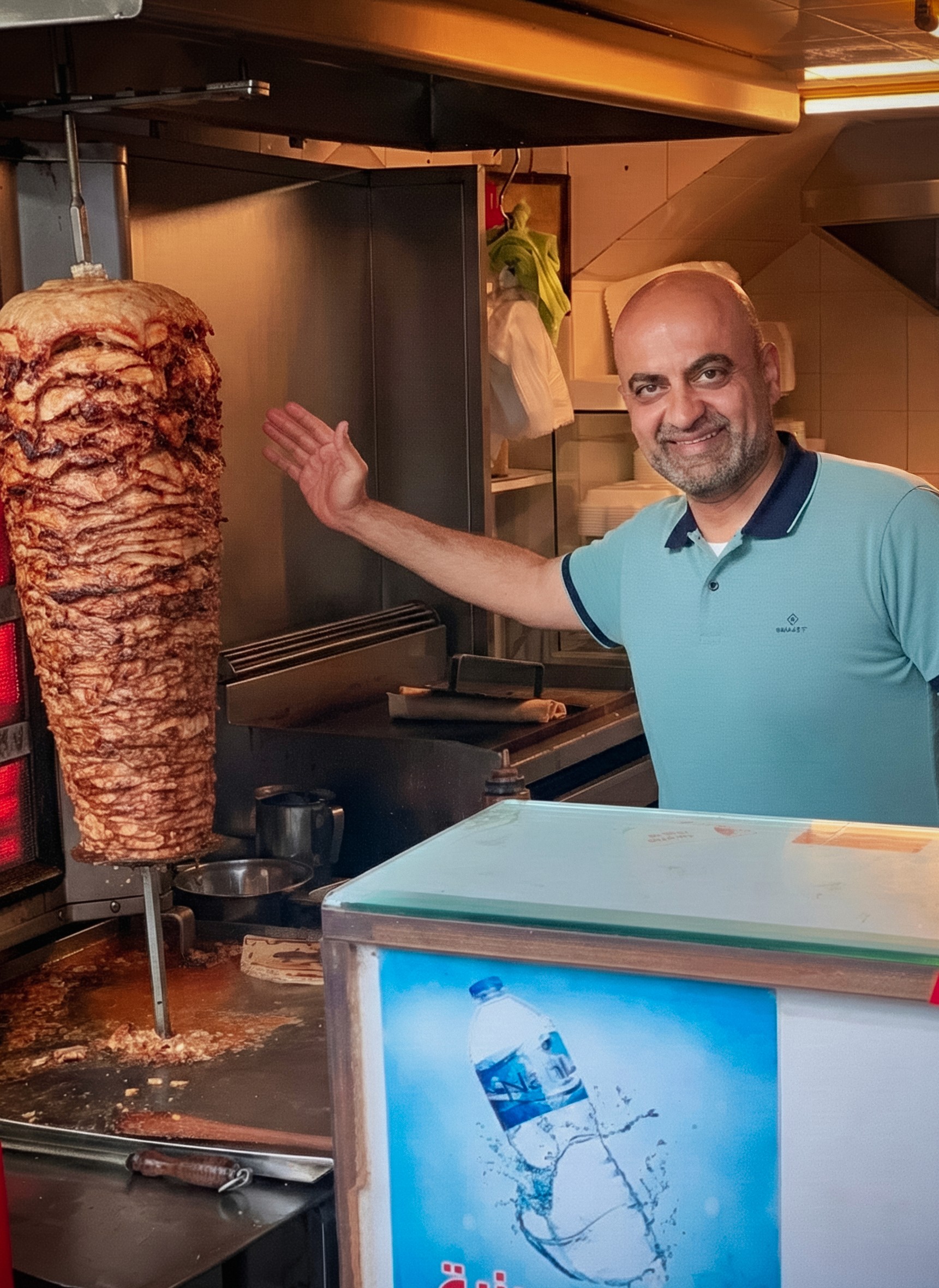 Portrait of the head chef standing at the restaurant entrance.