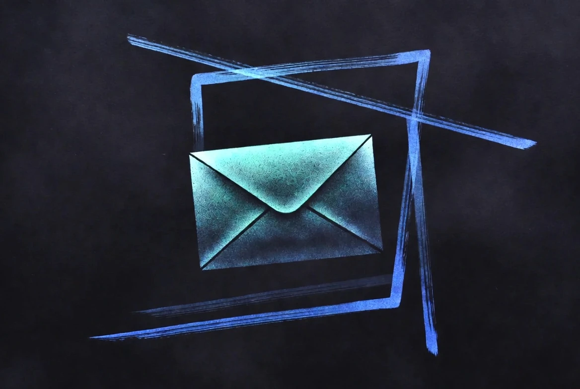 Email envelope blocked by a digital spam filter gate, illustrated in Japanese minimalist ink style with teal and blue on a black background.