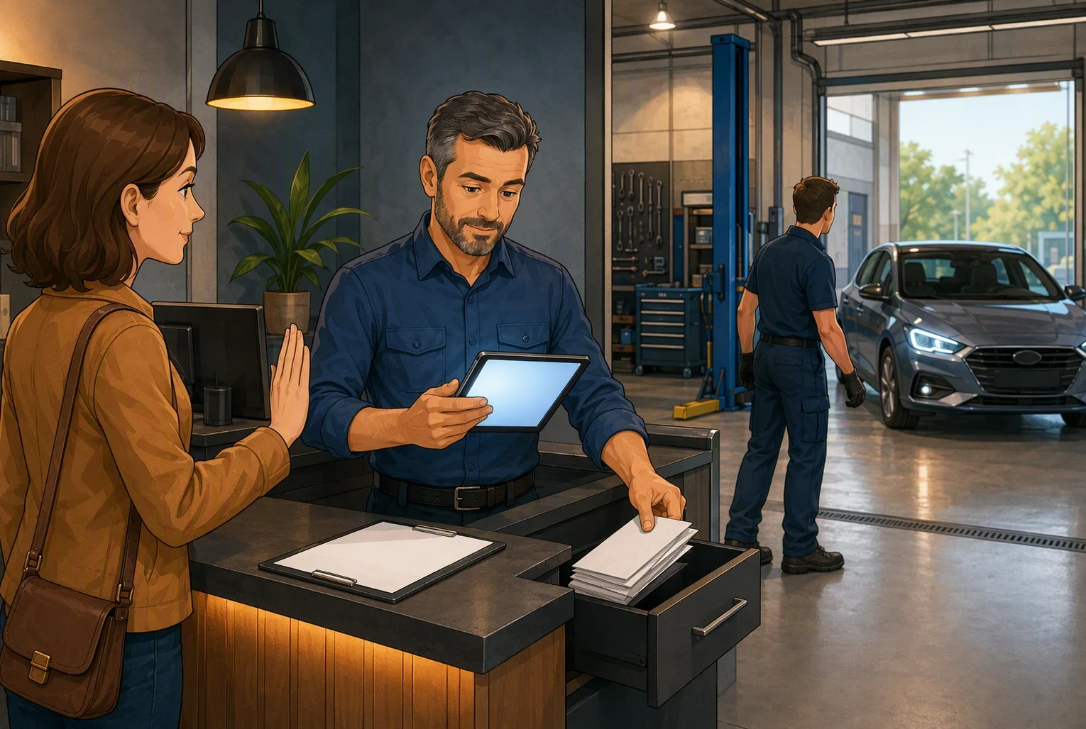 Werkstattmeister prüft Kundenantworten am Tablet